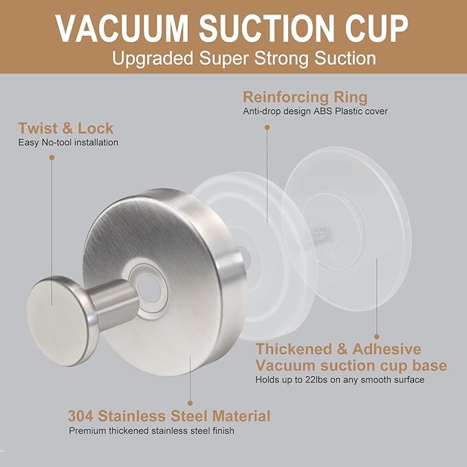ZESLMG Nickel Suction Cup Hooks for Glass Window, Silver Shower Hook for Inside Shower, Removable Towel Hooks for Bathroom Kitchen Wall Glass Door, Wreaths Loofah Suction Hook for Hanging, 2 Pack