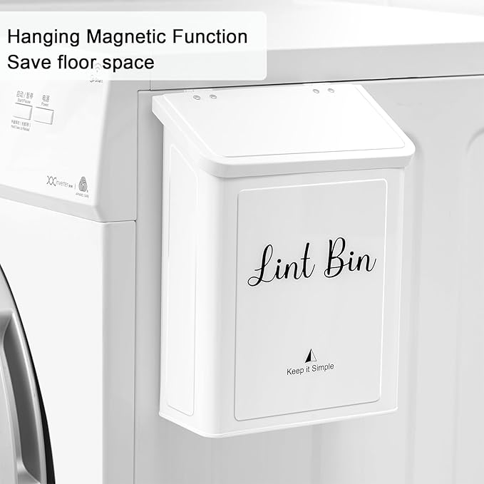 SUBEKYU Magnetic Lint Bin for Laundry Room, Wall Mounted Metal Lint Box Holder Trash Can with Lid for Dryer,Lint Basket for Laundry Room Organization,White