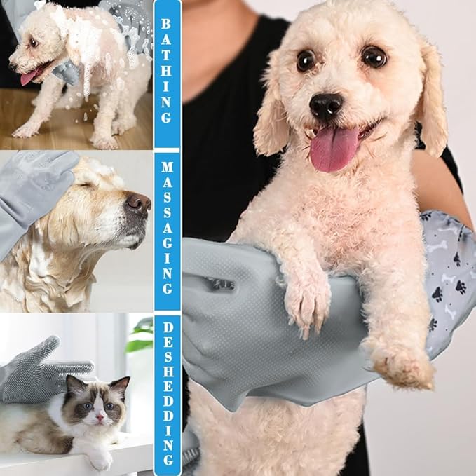 Pet Grooming Gloves Pet Hair Remover Cat, Dog Washing Gloves Silicone Heat Resistant Cleaning Gloves with High-Density Teeth Grooming Gloves for Dogs, Cats, Horses (2 Pairs - Blue & Gray)