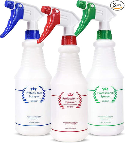 Uineko Plastic Spray Bottle (3 Pack, 24 Oz, 3 Colors) Heavy Duty All-Purpose Empty Spraying Leak Proof Mist Water Bottles for Cleaning Solutions Plants Essential Oils Hair Pet with Adjustable Nozzle