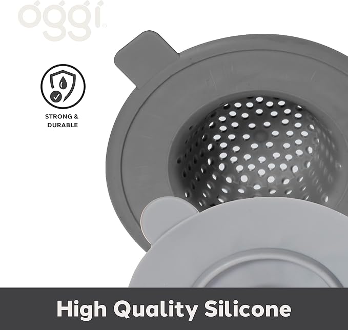 OGGI Silicone Sink Strainer & Stopper Set- Great Kitchen Sink Strainer, Silicone Drain Stopper, Sink Drain Strainer, Sink Plug 4.6˝ Diameter Rim, Gray (Pack of 2)