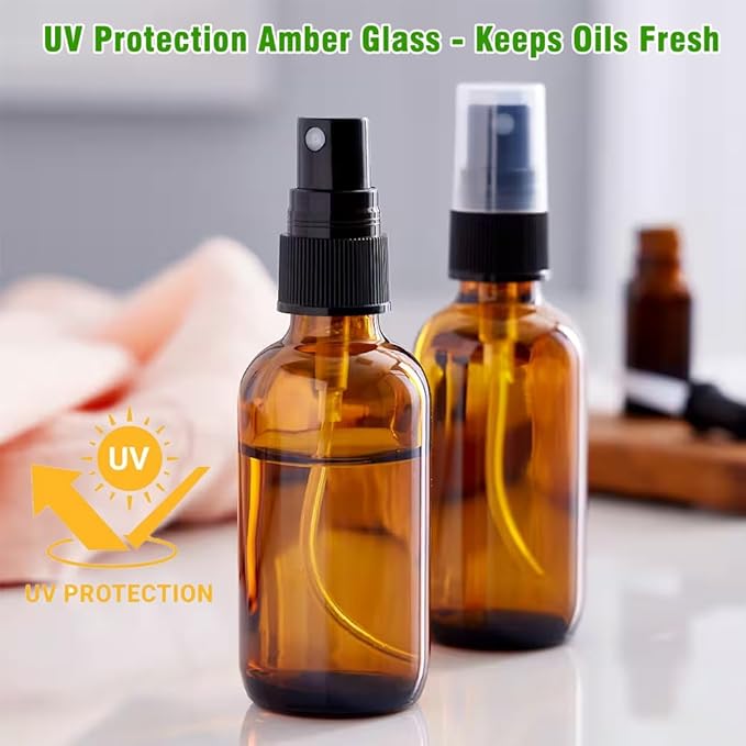 2oz Amber Glass Spray Bottles for Essential Oils, Hair, Skincare, Cleaning & Travel,2-Pack Small Empty Spray Bottle