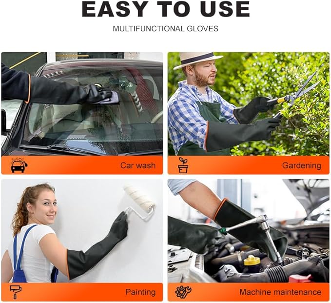 Heavy-Duty Latex Chemical Resistant Gloves - Reusable Long Rubber Dishwashing Gloves with Forearm Protection for Men - Waterproof, Industrial Safety Gear, Acid & Alkali Resistant, Oil-Proof,14“，1 Pair