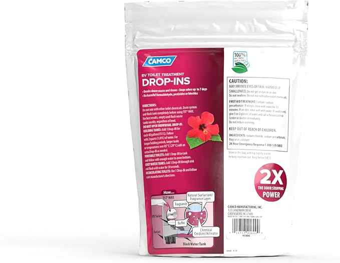 Camco TST MAX RV Toilet Treatment Drop-INs - Control Unwanted Odors & Break Down Waste and Tissue - Safe Septic Tank Treatment - Hibiscus Breeze Scent, 15-Pack (41600)