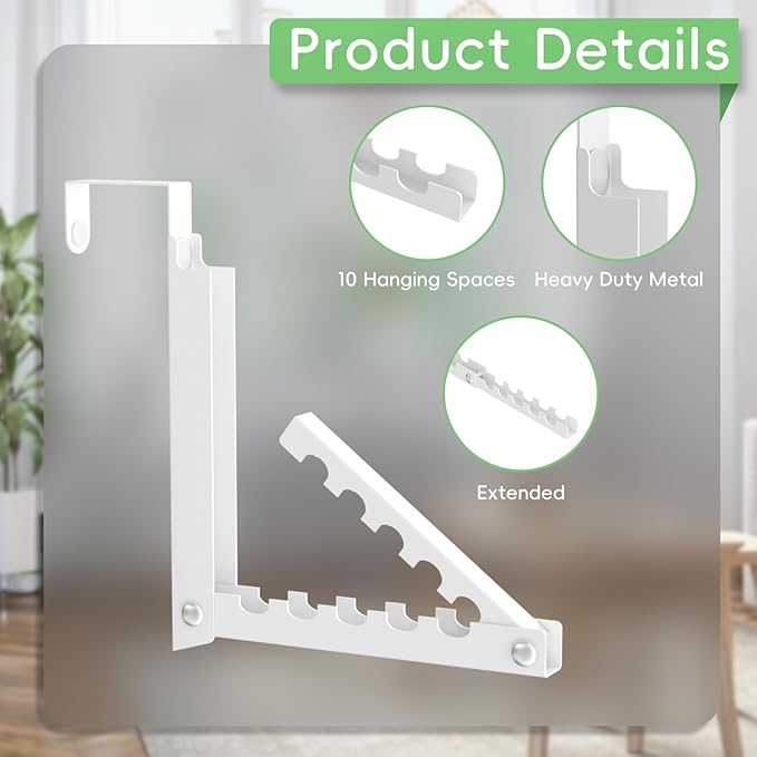 Over the Door Hooks, Extended Over the Door Clothes Hanger with 10 Ridges,Space-Saving Over the Door Rack,Door Hooks for Hanging Clothes,Larger Capacity Over the Door Hanger (2, White)