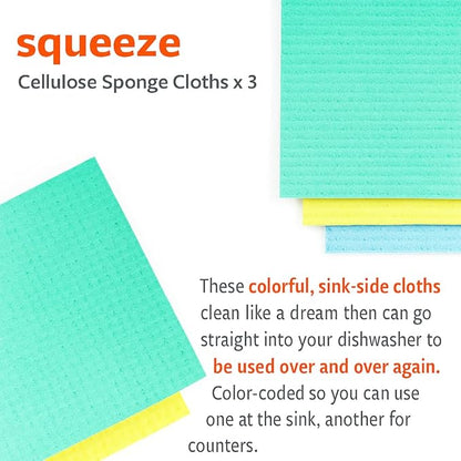 Full Circle Squeeze - Cellulose Sponge Cloths, Super Absorbent Dishtowels, Reuseable Paper Towel Alternative, 100% Natural Plant-Based, 3-Pack, Multicolor