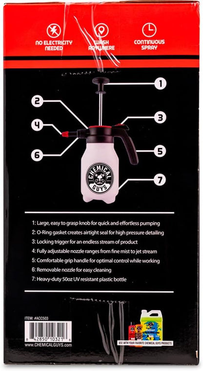 Chemical Guys Mr. Sprayer Full Function Pressure Atomizer and Pump Sprayer, Professional 50 oz Spray Bottle for Cleaning & Washing, for Home, Garden, Car Detailing, Easy Pump Action and Adjustable