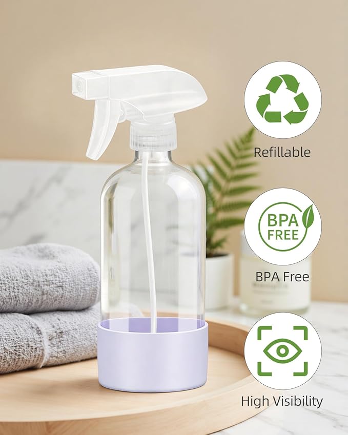 Worldgsb 2 Pack Glass Spray Bottles 8 oz, Empty Refillable Containers with Silicone Sleeve Protection, Glass Spray Bottles for Cleaning Solutions, Hair and Plants with Adjustable Nozzles White&Purple