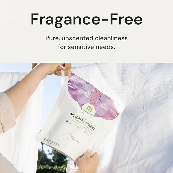 Grab Green Delicate Laundry Detergent Pods, 60 Count, Fragrance Free, Plant and Mineral Based, Gently Cleans, Eliminates Stains, Ideal for Fine Fabrics, Packaging may vary