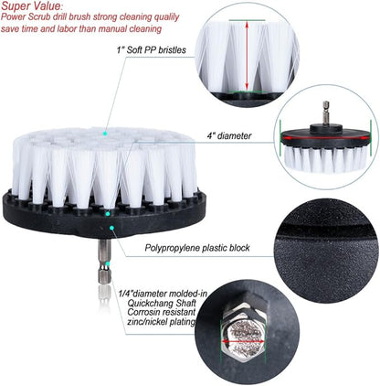 HIFROM Drill Brush - 4 inch White Scrub Brush Drill Attachment Soft Bristle Quick Change Shaft Scrub Cleaning Brush for Carpet Upholstery Leather Glass (Pack of 2)