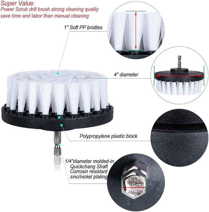 HIFROM Drill Brush - 4 inch Power Drill Attachment Soft Bristle White Quick Change Shaft Scrub Cleaning Brush for Carpet, Upholstery, Leather, Glass (White)