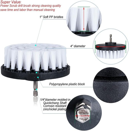 HIFROM Drill Brush - 4 inch Power Drill Attachment Soft Bristle White Quick Change Shaft Scrub Cleaning Brush for Carpet, Upholstery, Leather, Glass (White)