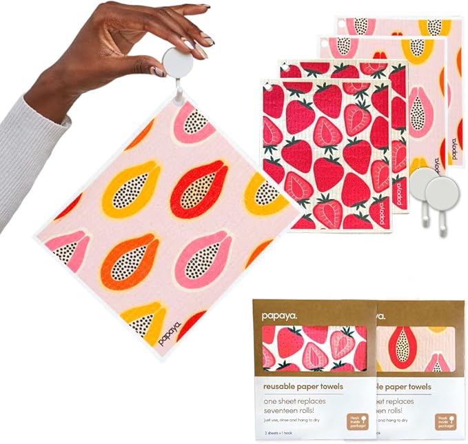 Papaya Reusable Paper Towels, Premium Swedish Dishcloths with Hook, Non-Scratch Reusable Paper Towel, 1 Sheet Replaces 17 Rolls - 4 Sheets, 2 Hooks