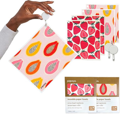 Papaya Reusable Paper Towels, Premium Swedish Dishcloths with Hook, Non-Scratch Reusable Paper Towel, 1 Sheet Replaces 17 Rolls - 4 Sheets, 2 Hooks