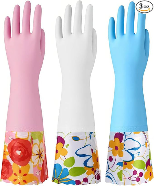 Bamllum 3 Pairs Rubber Cleaning Gloves, Household Kitchen Dishwashing Gloves with Cotton Flocked Liner, Long Cuff 16 Inches, Reusable, Non-Slip (Medium, Blue+Pink+White)