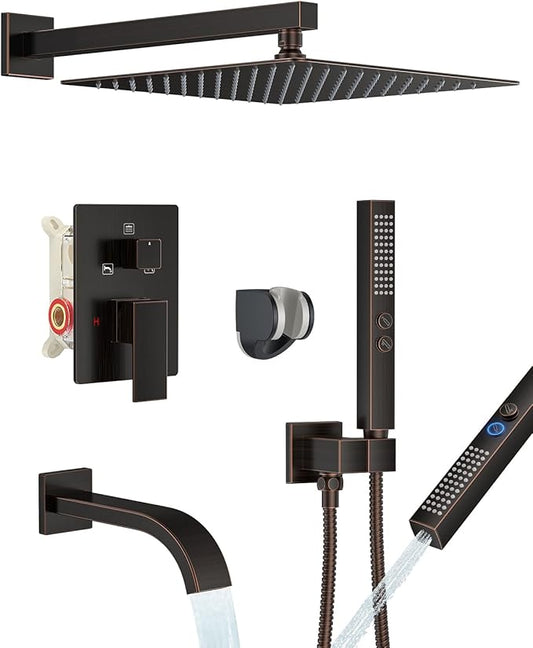 Oil Rubbed Bronze Shower System with Tub Spout, Wall Mounted Bathtub Faucet Set, 12" Rainfall Shower Head and Handheld Shower Combo, High Pressure Shower Fixtures Set with Rough-in Valve
