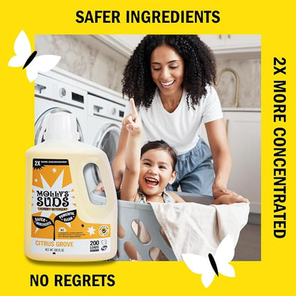 Molly's Suds Liquid Laundry Detergent | Clean Laundry Detergent Soap for Sensitive Skin | 2x Concentrated, High Efficiency (HE) (Citrus Grove - 200 Loads)