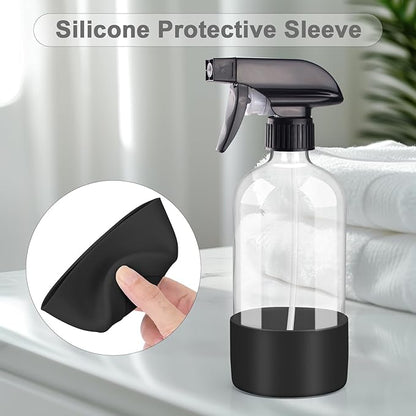 Worldgsb 2 Pack Glass Spray Bottles with Silicone Sleeve, 16 oz Empty Refillable Containers with Adjustable Spray Nozzles, Spray Bottles for Hair, Cleaning Solutions and Plants Black