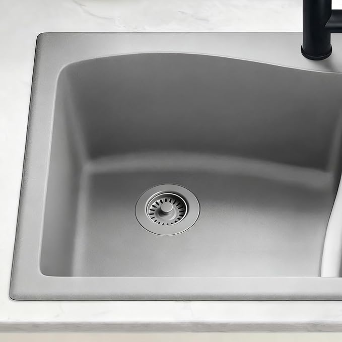 3-1/2 Inch Polymer Slate Gray Sink Drain Assembly with Basket Strainer and Stopper for Quartz, Granite or Fireclay Kitchen Sinks