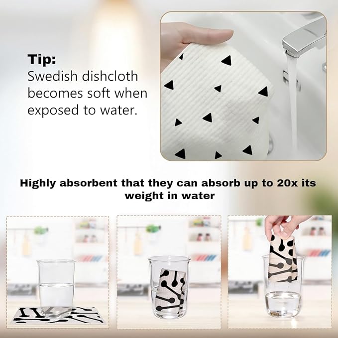Swedish Dishcloths 6 Pack, Reusable Washable Absorbent No Odor Cellulose Cloths, Dish Towels for Kitchen Dish Washing, Home Cleaning, Gifts for Environmentally Conscious Women