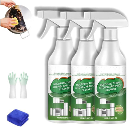 Multi-Purpose Enzyme Foam Cleaner Spray - Powerful Kitchen Appliance Degreaser for Range Hood, Oven & Countertop - Includes Streak-Free Cloth - 100ml (3Pcs)