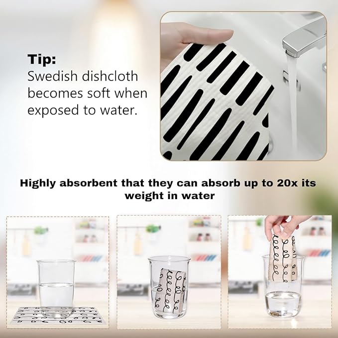 6 Pack Swedish Dishcloths for Kitchen, Black White Geometric Reusable Dish Cloths, Washable Absorbent No Odor Eco Cleaning Towels, Paper Towel Replacements, Kitchen Gifts for Women