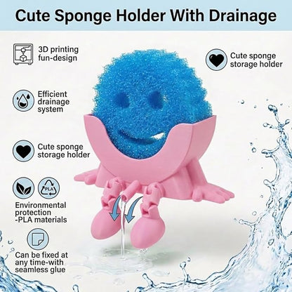 Creative Hanging Sponge Holder with Drainage/Traceless Glue, 3D Printing Countertop Funny Sponge Holders for Kitchen Sink, Keeps Your Sponge Dry & Smiling, for Scrub Daddy Holder (1, Pink)