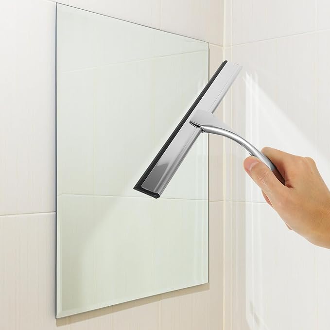 Toyvian Stainless Steel Shower Squeegee and Window Squeegee with 10-inch Blade and Adhesive Hook, Glass and Mirror Cleaner for Bathroom, Car, and Shower Door Use