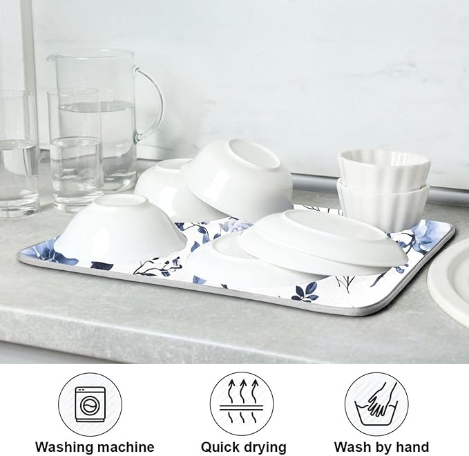 Blue White Porcelain Flower Dish Drying Mat for Kitchen Counter Absorbent Microfiber Drying Pad, Large 18x24 in