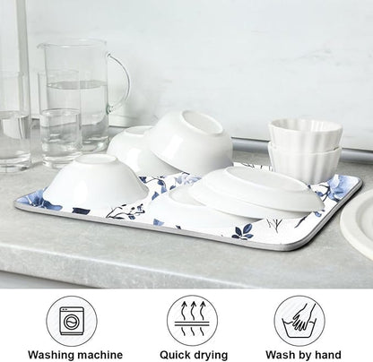 Blue White Porcelain Flower Dish Drying Mat for Kitchen Counter Absorbent Microfiber Drying Pad, Large 18x24 in