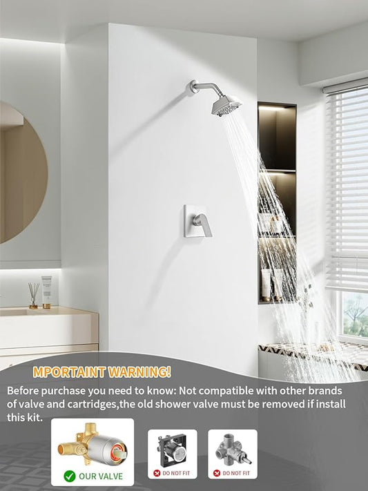 Brushed Nickel Shower Faucet Set 6 Setting Shower Head 5 Inch Shower Trim Kit Modern shower valve kit High Pressure Shower Fixtures Shower System