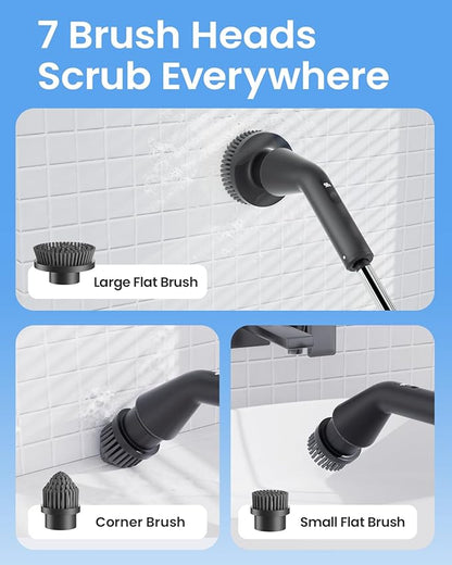 Leebein Electric Spin Scrubber, Cordless Cleaning Brush for Bathroom Shower Tub, IPX7 Waterproof Power Scrubber with 7 Brush Heads, Extendable Long Handle and 2 Speeds Scrubber for Bathtub Floor