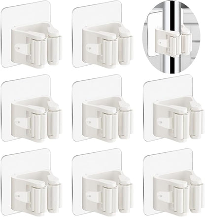 3-H 8-Pack Self Adhesive Broom Holder Wall Mount - Heavy Duty No Drill Broom Organizer for Garage Closet Kitchen, Plastic Storage Rack for Brooms Mops Tools, Peel and Stick Adhesive,Beige White
