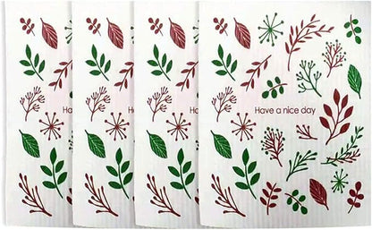 Swedish Dishcloth Reusable Kitchen Dish Towels Absorben and Fast Dry Cleaning Cloths Set of 4 No Odor Wipes (Leaf)