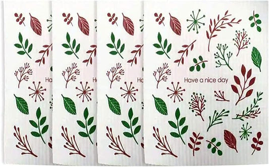 Swedish Dishcloth Reusable Kitchen Dish Towels Absorben and Fast Dry Cleaning Cloths Set of 4 No Odor Wipes (Leaf)