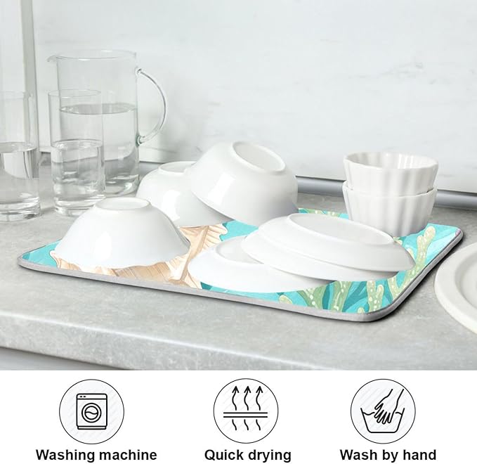 Coral Sea Shells Stars Pattern Dish Drying Mat for Kitchen Counter Super Absorbent Drying Mat 16x18 inch Large Dish Drying Matts for Countertop Protector Dishes Pad