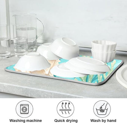 Coral Sea Shells Stars Pattern Dish Drying Mat for Kitchen Counter Super Absorbent Drying Mat 16x18 inch Large Dish Drying Matts for Countertop Protector Dishes Pad