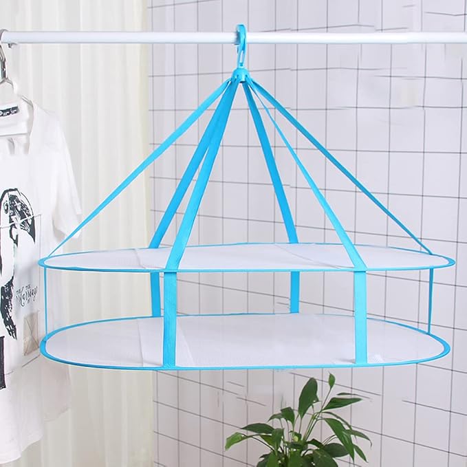 2-Tier Folded Mesh Clothes Drying Rack, Stackable Sweater Laundry Drying Rack, Foldable Hanging Mesh Dryer, Portable Hanging Laundry Rack for T-Shirt, Swimsuit, Underwear (Blue, 30.7"x24"x23.6")