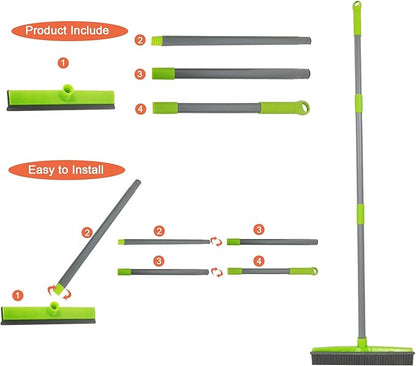 Push Broom Pet Hair Removal Broom with Squeegee,Soft Silicone Bristle Broom with Long Handle, Non Scratch Carpet Sweeper Brush for Cat/Dog Hair Hardwood Tile Windows(Green)