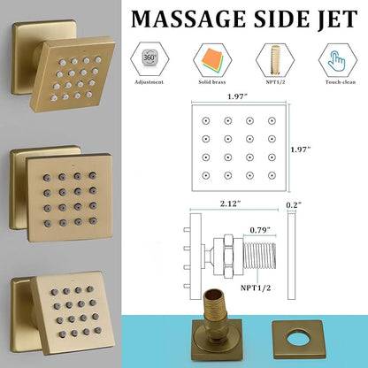 Brushed Gold 4 Pack HOMEDEC 2inch Brass Square Massage Shower Body Sprayer Jets