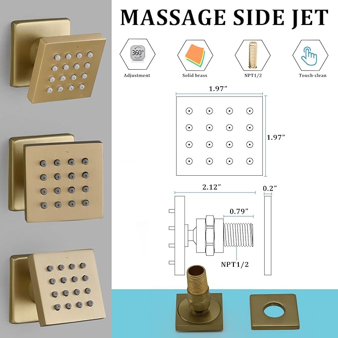 Brushed Gold 6 Pack HOMEDEC 2inch Round Brass Square Massage Shower Body Sprayer Jets