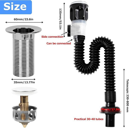 Bathroom Sink Drain Kit, Flexible P-Trap Sink Drain Pipe with Pop Up Stopper, Bathroom Sink Pipe Replacement Kit for 1-1/4'' & 1-1/2'' Holes, Anti-Clogging Stopper