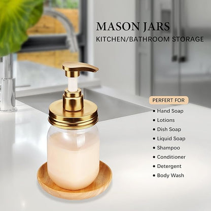 Amolliar Plastic Mason Jar Soap Dispenser with Pump Lid,16OZ Refillable BPA-Free Hand Soap Dispenser Set with Cute Lables - for Kitchen/Bathroom, Liquid Soap, Dish Soap, Lotion (2 Pack, Gold)