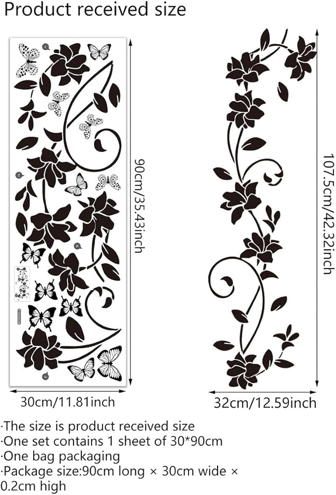3D Wall Stickers DIY Flower Wall Decal Removable Waterproof Wall Art Decor for Bedroom Living Room Offices Home Decoration (Black Flower Butterfly)