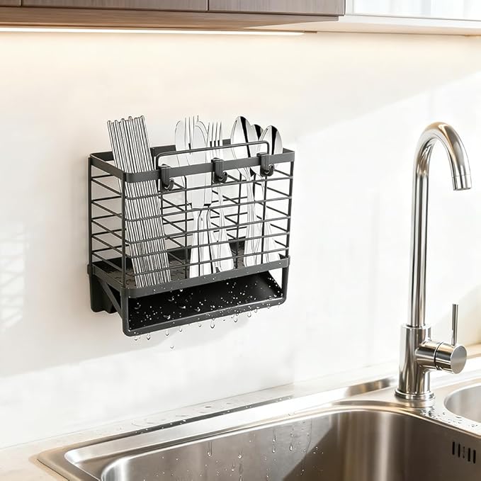 3-Compartment Dish Drying Rack for Kitchen, Carbon Steel Utensil Holder with Drain Tray, Utensil Caddy Organizer for Knives, Forks, Spoons, Chopsticks, Wall Mount or Countertop (Charcoal Grey)