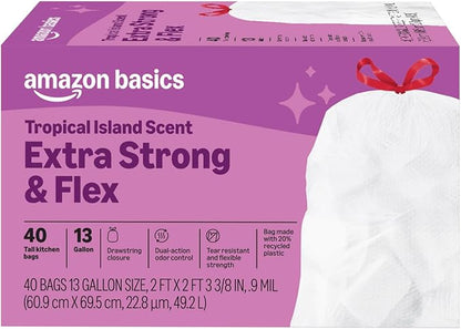 Amazon Basics Extra Strong & Flex Tall Kitchen Drawstring Trash Bags, Tropical Island Scent, 13 Gallon, 40 Count