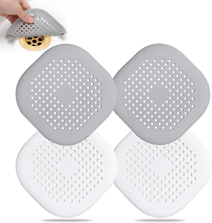 Hair Drain Catcher,Square Drain Cover for Shower Silicone Hair Stopper with Suction Cup,Easy to Install Suit for Bathroom,Bathtub,Kitchen 4 Pack (Grey Aluminium White)