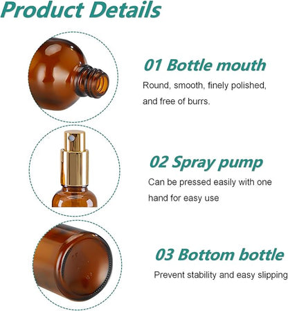 6Packs 30ml/1Oz Amber Glass Spray Bottles For Essential Oils Refillable Fine Mist Liquid Containers Mini Travel Glass Atomizer Bottles for Cleaning Perfume Essential Oils