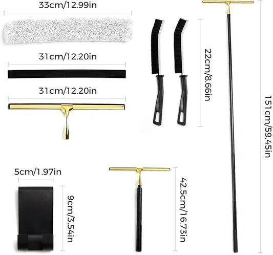 16.7“- 59.5" Long Handle Window Squeegee with Extension Pole, 12.4" Wide Metal Shower Squeegee for Glass Doors, 2-in-1 Squeegee for Home Window Cleaning, Tile Wall, Car (Gold)