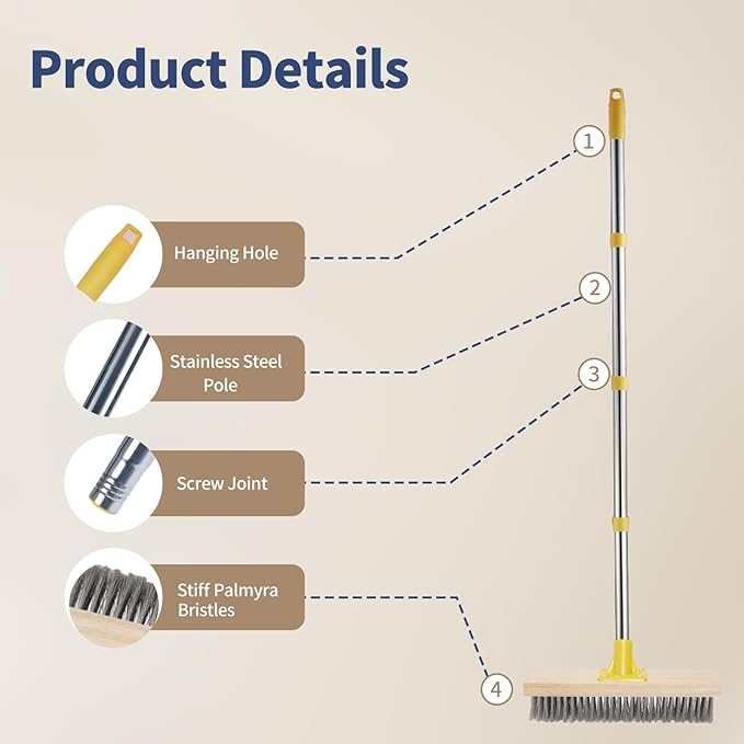 Stainless Steel Deck Brushes for Scrubbing Heavy Duty, 60" Concrete Floor Scrub Brush with Long Handle, Metal Stiff Wire Scrubber Broom for Cleaning Moss, Garage, Patio, Garden, Outdoor Stain